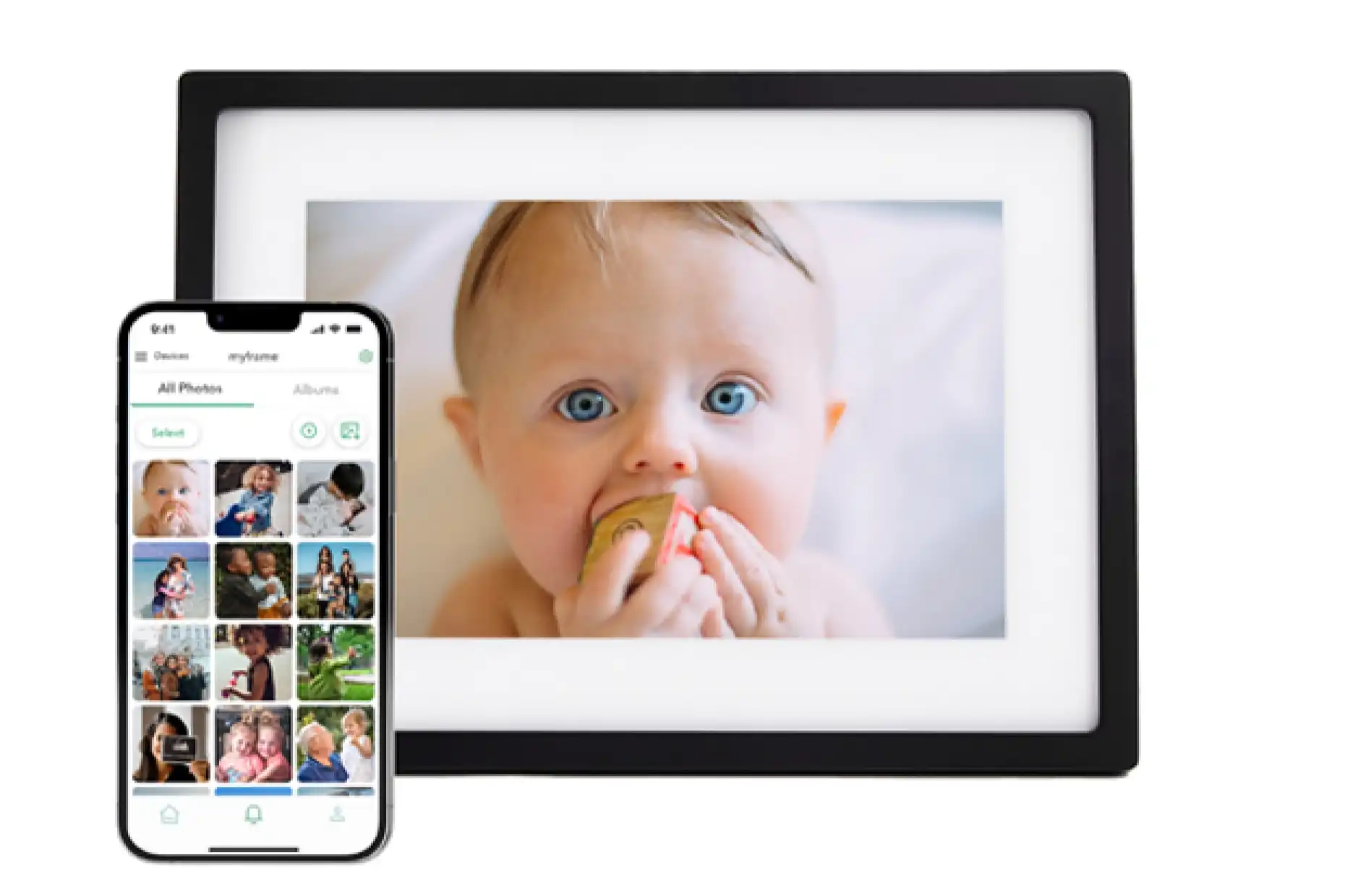 Iphone showing the photo gallary in front of a newly uploaded blue eyed baby onto the skylight frame