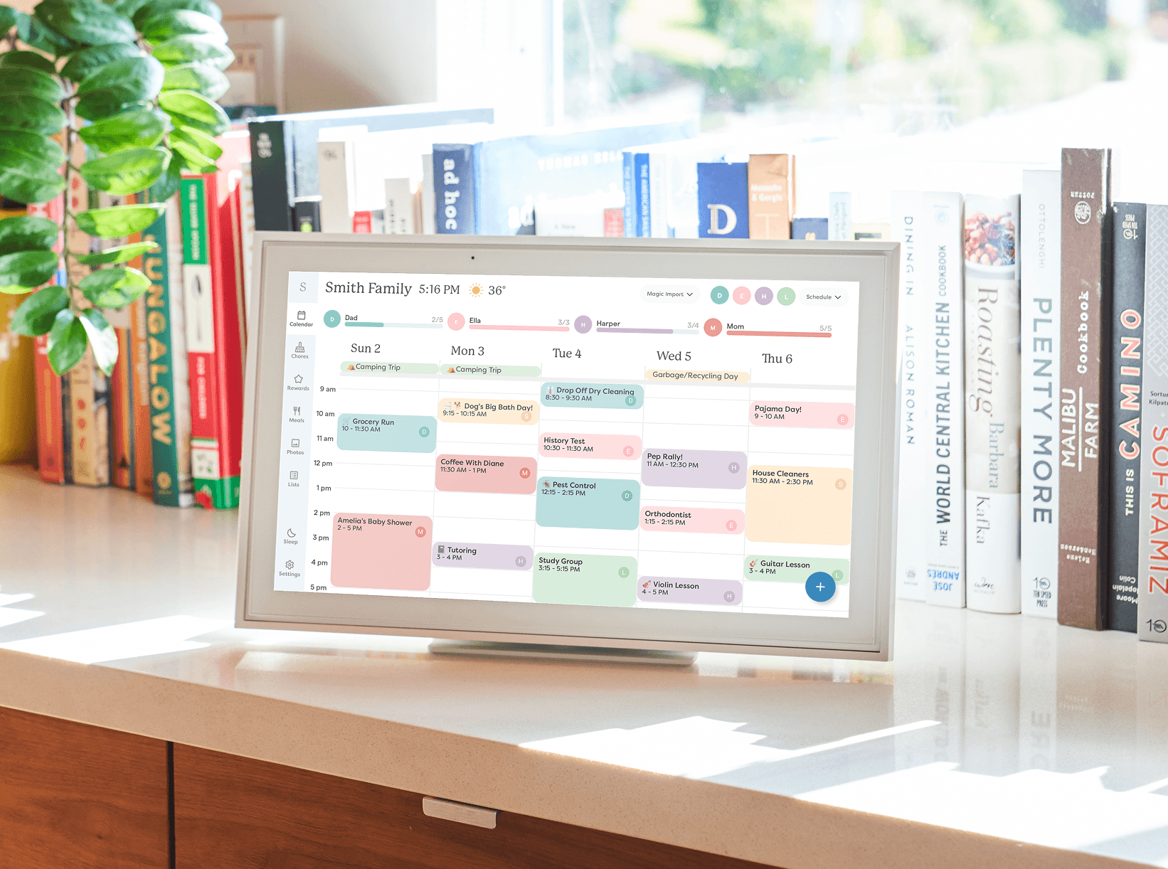 Skylight Calendar 15" on a countertop with a plant and bookcase in the background