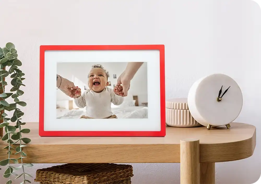 Red Skylight Frame with Baby Walking in Photo